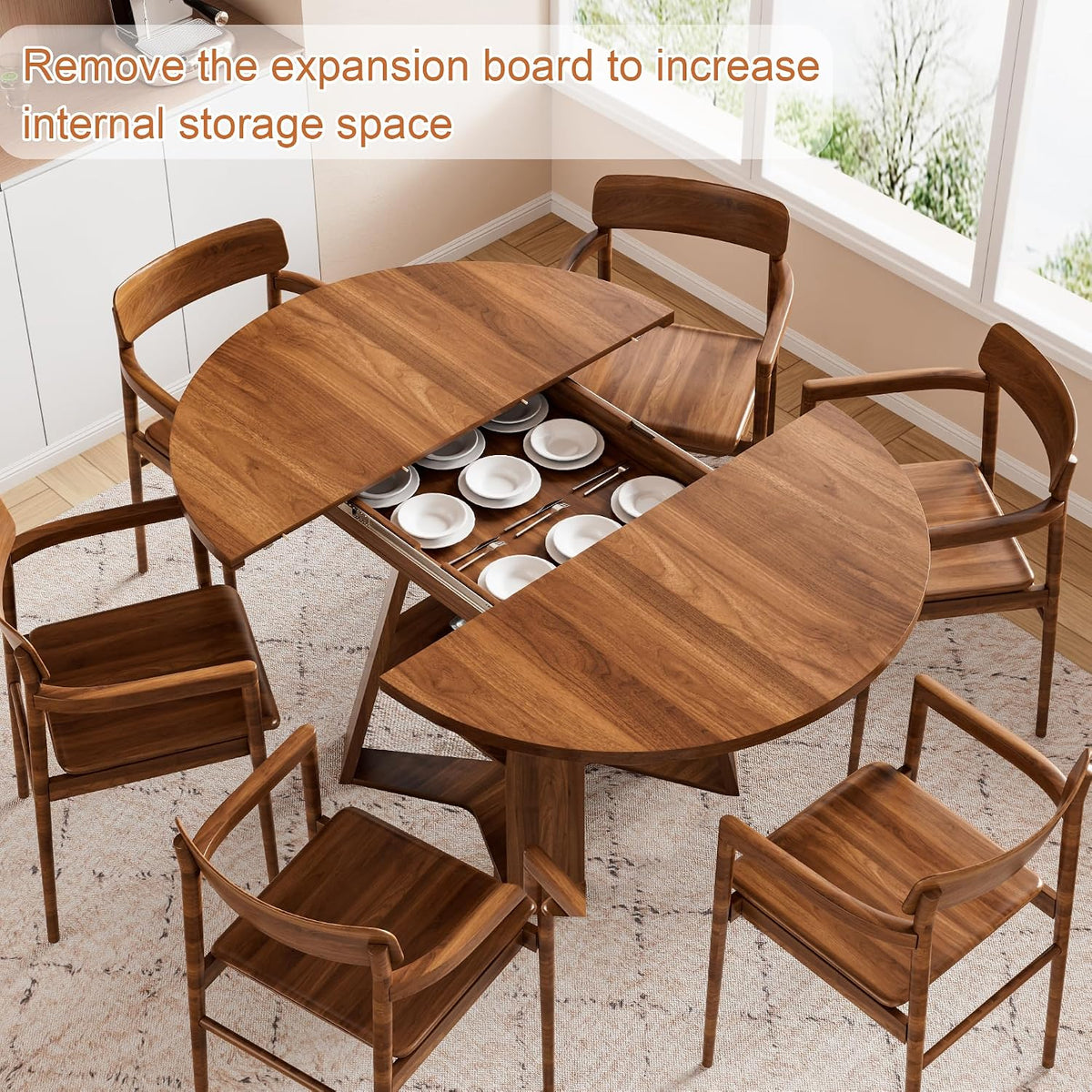 43.3in-59in Extendable Round Dining Table for 4-6,Modern Kitchen Oval Dining Table with Removable Leaves Space Saving,Wood Base with Storage Shelf for Kitchen Living Room