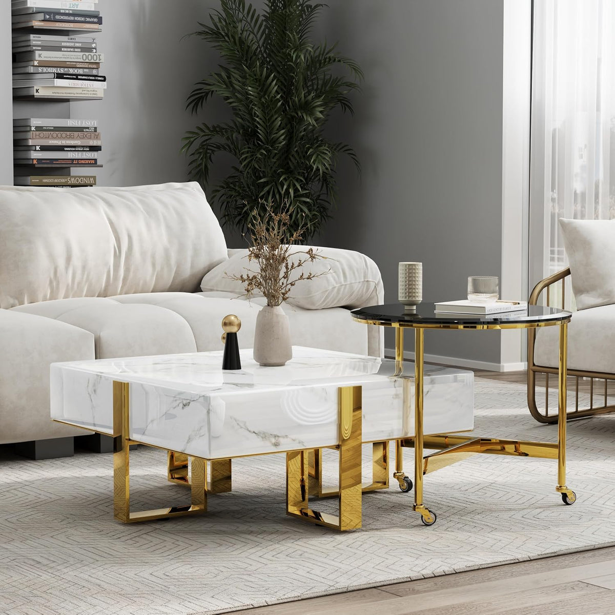 BQueen White Faux Marble Coffee Table with Polished Gold Base for Living Room Apartment Office