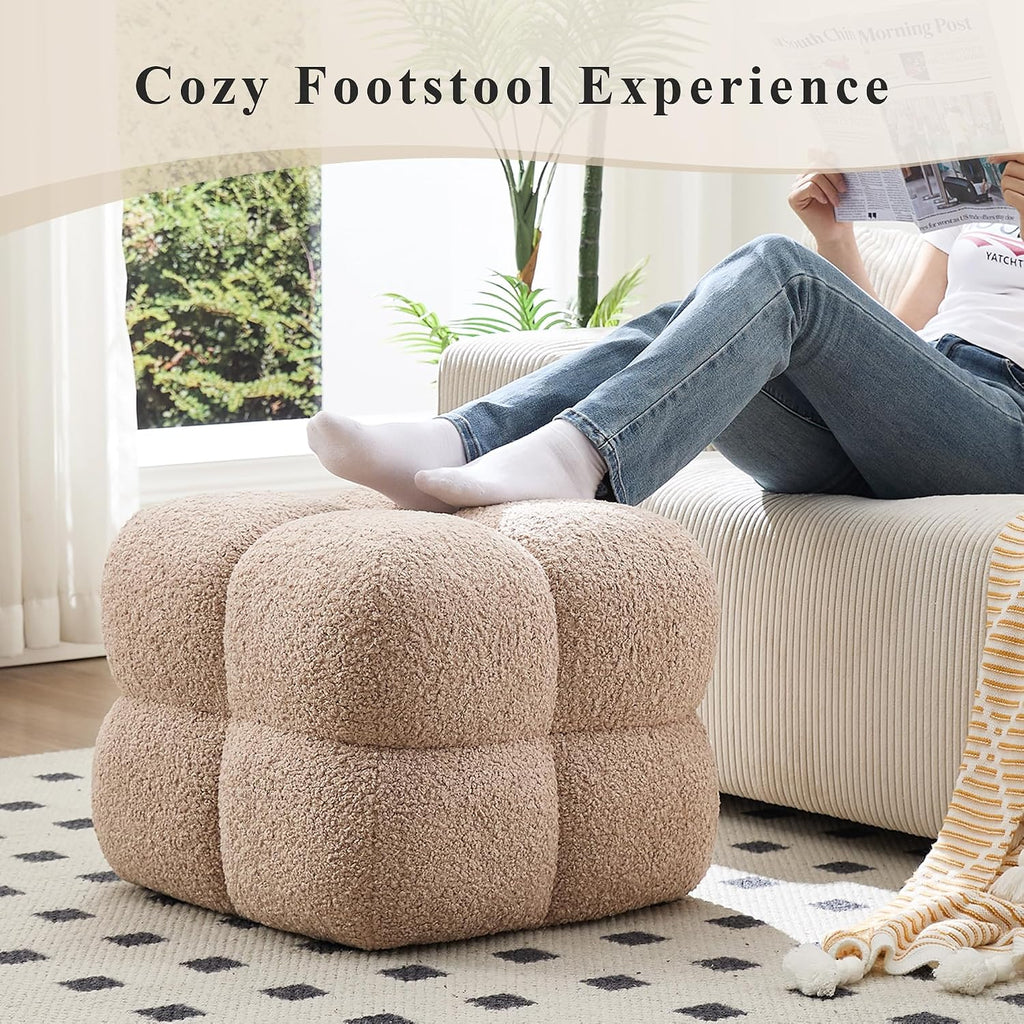 Square Ottoman Stool, Boucle Ottoman Coffee Table with with Full Coverage, Modern Vanity Stool, Upholstered Tufted Foot Rest Pouf for Bedroom, Living Room, Entryway, Tan