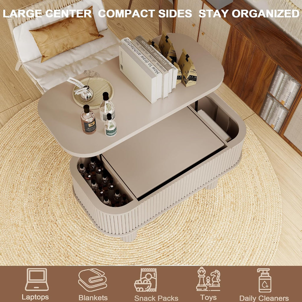 Lifting Coffee Table for Living Room，26-Inch Lift that Converts to Dining Table，3 in 1 Pull Out Coffee Table with Storage，Oval Wood Center Table, Space-Saving for Eating & Laptops