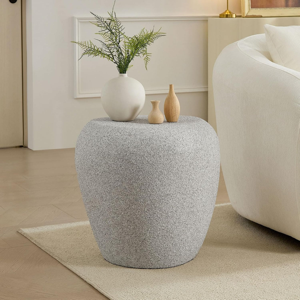 Faux Stone Coffee Table Set of 2 for Living Room, Modern Mid-Century Rustic Round Oval Curved Coffee Table, Fiberglass Material & Grainy Stone Paint, No Assembly, Beige