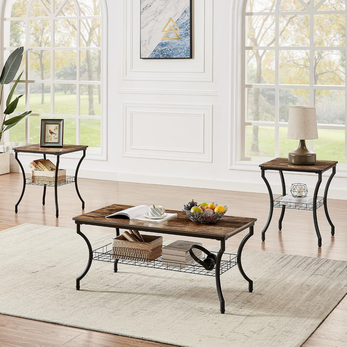 VECELO 3 Pieces Living Room Table Sets, Coffee and End Tables with Open Storage Shelves for Apartment, Home Office, Small Space, Easy Assembly, Brown