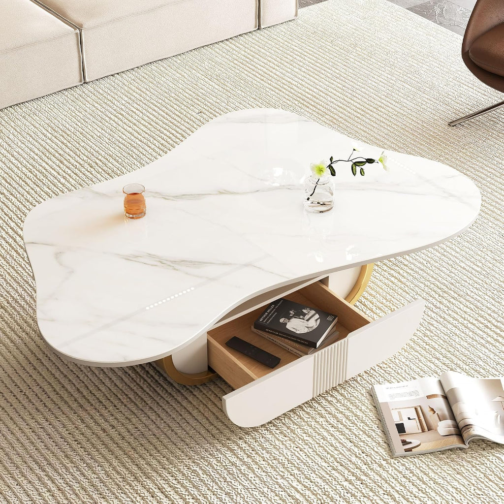 SSLine Modern Cloud Coffee Table Luxury Sintered Stone Top Coffee Table with Sculptural Geometric Stainless Steel Base and Storage Drawer,White Marble Grain Center Table for Living Room,Gold