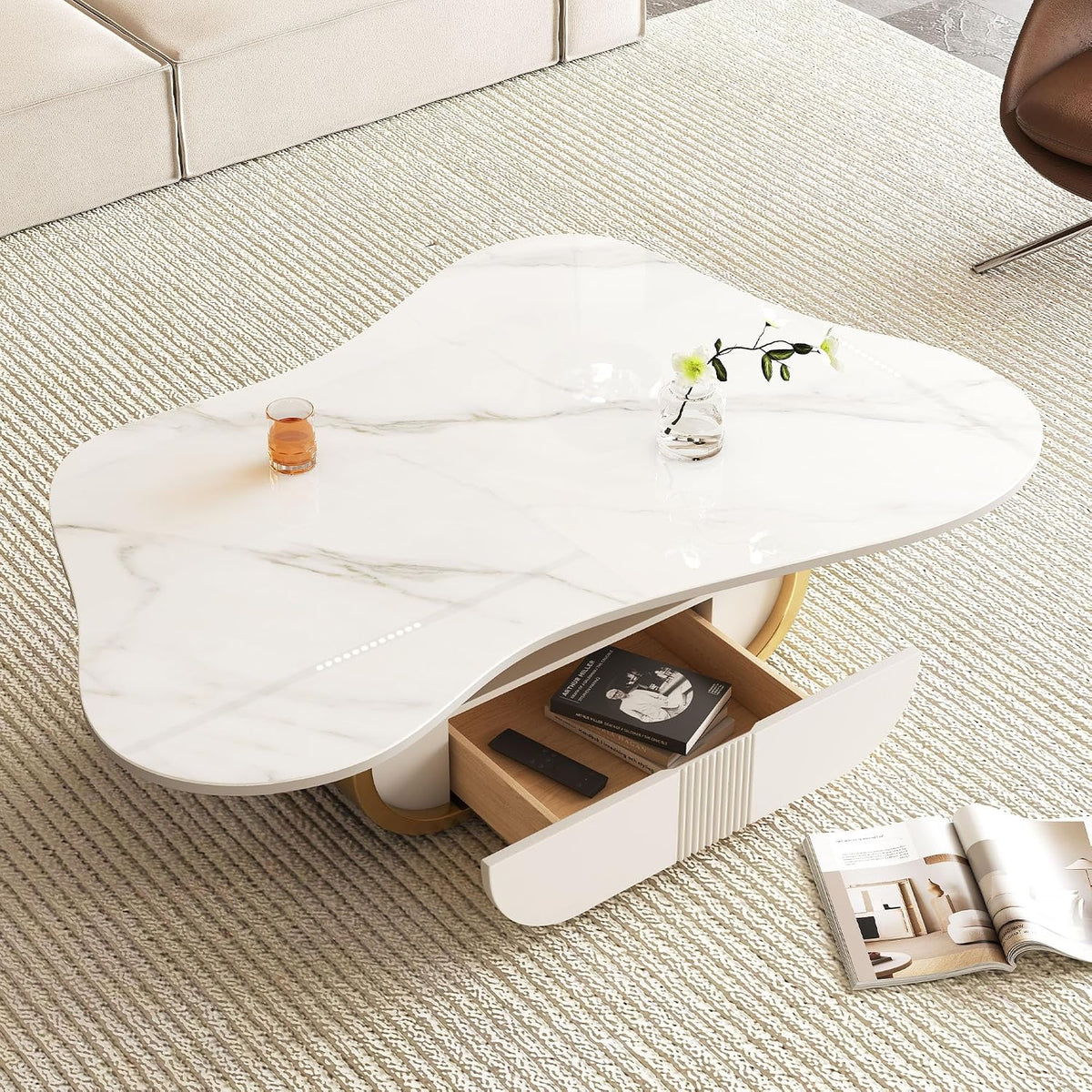 SSLine Modern Cloud Coffee Table Luxury Sintered Stone Top Coffee Table with Sculptural Geometric Stainless Steel Base and Storage Drawer,White Marble Grain Center Table for Living Room,Gold