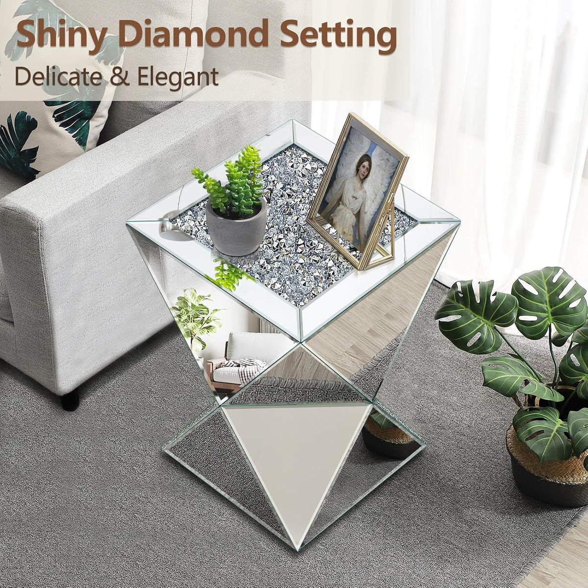 Pregaspor Sliver Mirrored End Table, Crushed Diamond Top Accent Side Table, Geometric Small Mirrored Coffee Table for Living Room, Bedroom, Corner, Small Space