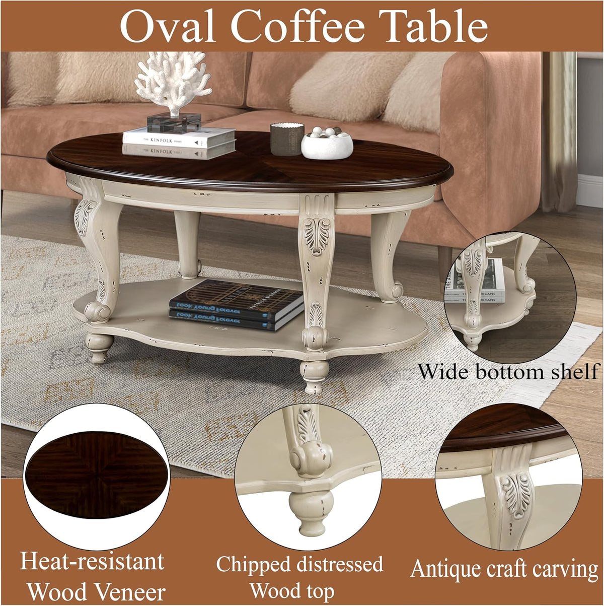 42'' Oval Wood Coffee Table for Living Room, 2-Tier Solid Wood Cocktail Table with Open Storage Shelf, Easy Assembly (Antique White, 42'')