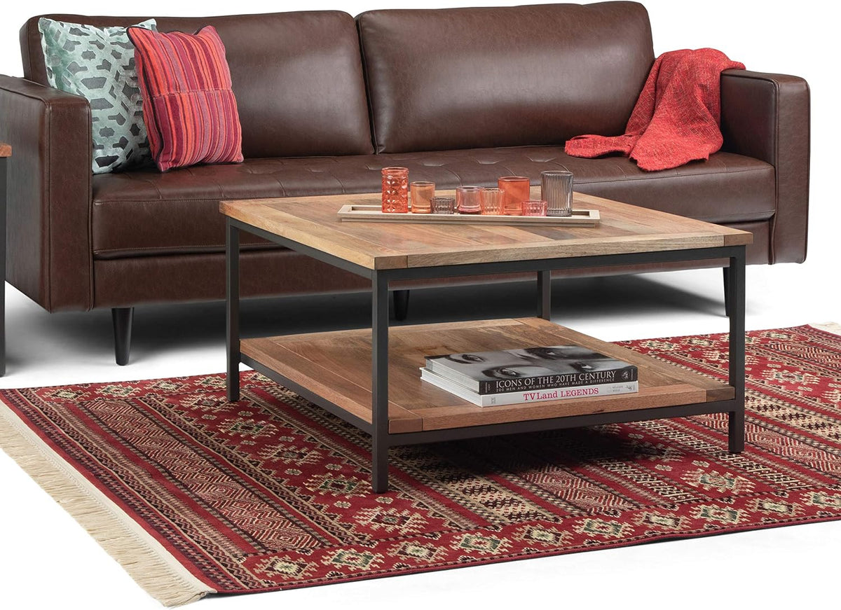SIMPLIHOME Skyler Square Coffee Table - 34 inch Wide Solid Mango Wood and Metal Living Room Table in Natural, Industrial Center Table for Family Room or Lounge with Open Shelf and Black Frame