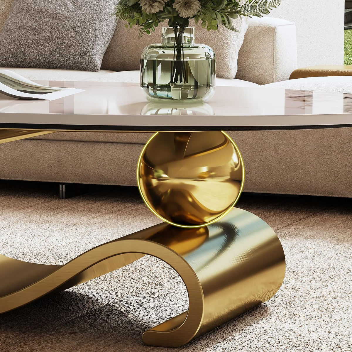 SSLine Modern Oval Coffee Table Luxury Sintered Stone Top Coffee Table with Sculptural Geometric S-Shape Stainless Steel Base,Mid-Century Marble Grain Center Table for Living Room,Gold