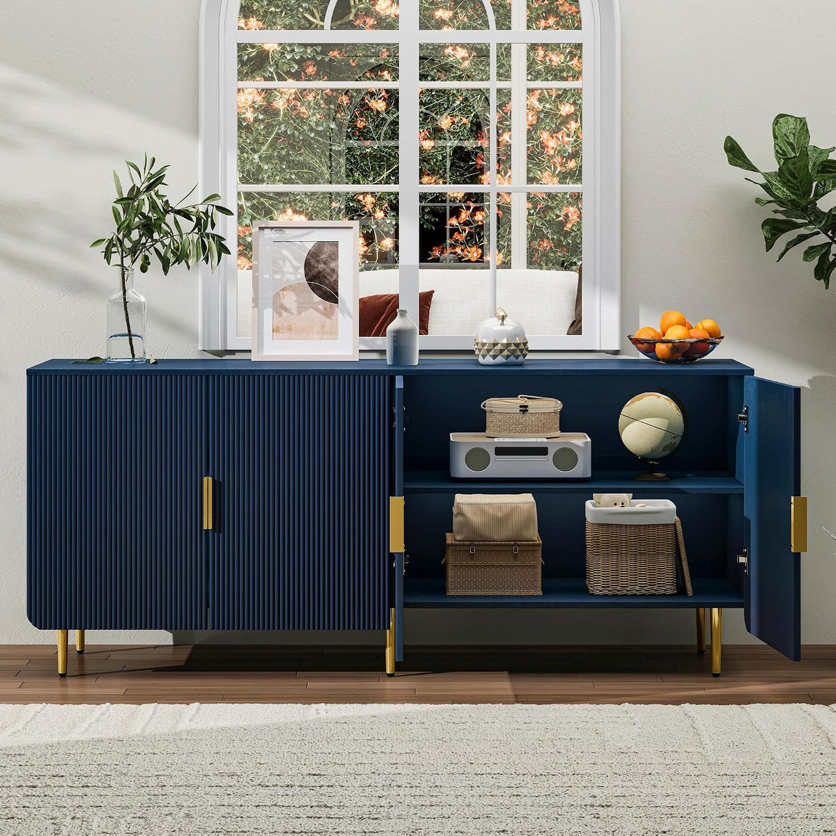 65' Fluted Sideboard Buffet Cabinet with Storage, Console Cabinet with 4 Doors & Adjustable Shelves, Modern Buffet Table for Kitchen Dining Living Room Hallway‌ Entryway, Blue