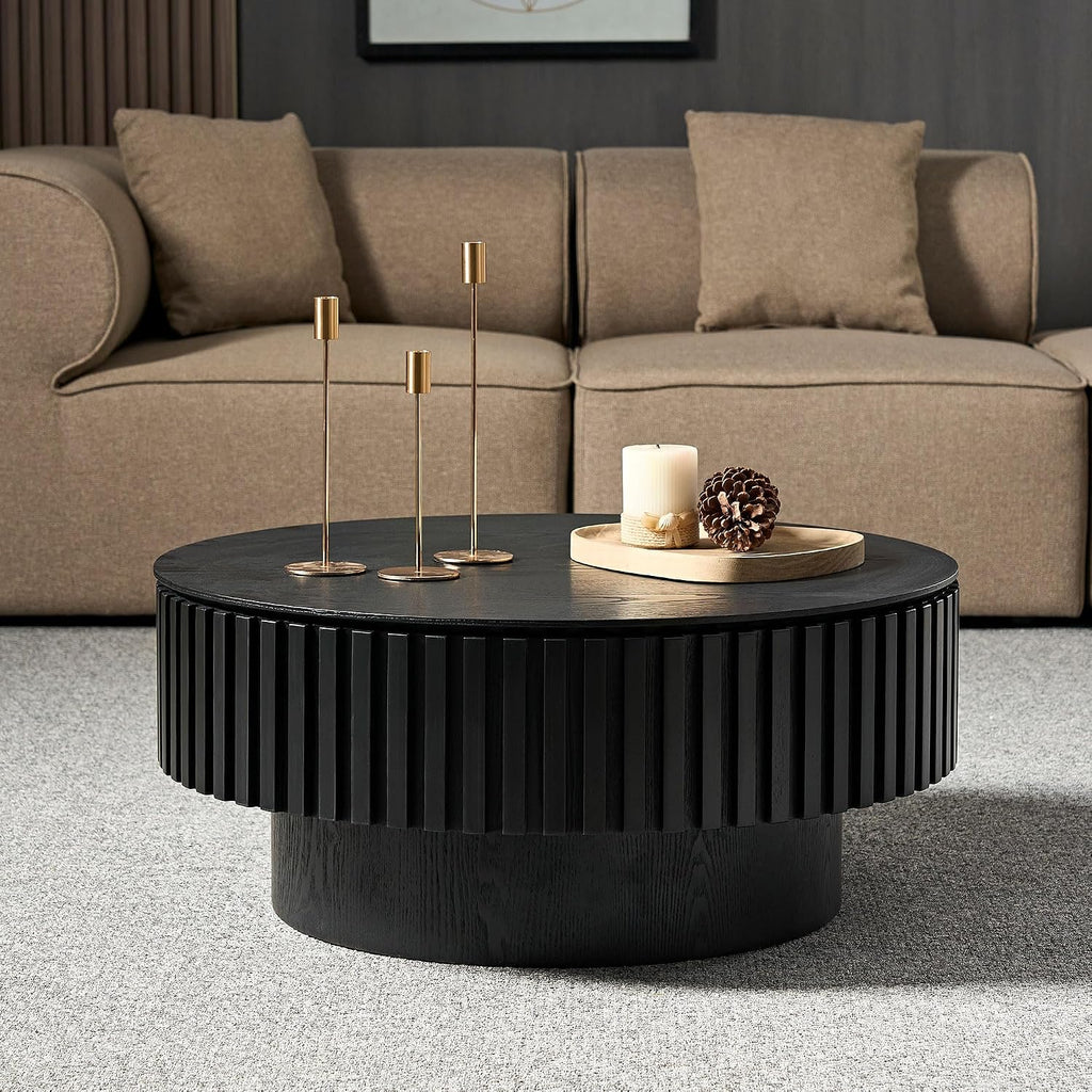 JUSTONE 31.5 Inch Round Farmhouse Coffee Table with Storage, Sturdy Pedestal Base Living Room Center Table for Lounge, Office, Apartment, Black