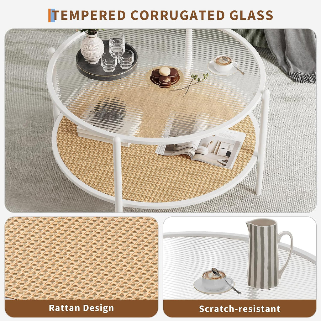 Garvee 30' Round Rattan Coffee Table with Storage, 2-Tier Circle Water-Wave Glass Center Table for Living Room, Modern Small Circle White End Table for Bedroom, Office, Apartment