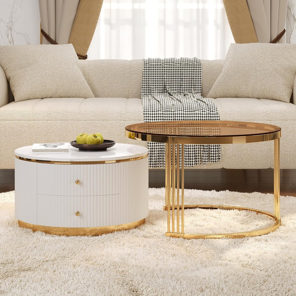 27.6' Brown Nesting Coffee Table Set of 2, Modern Round White Coffee Table for Living Room with Storage Drawer Marble Tabletop End Side Table for Bedroom