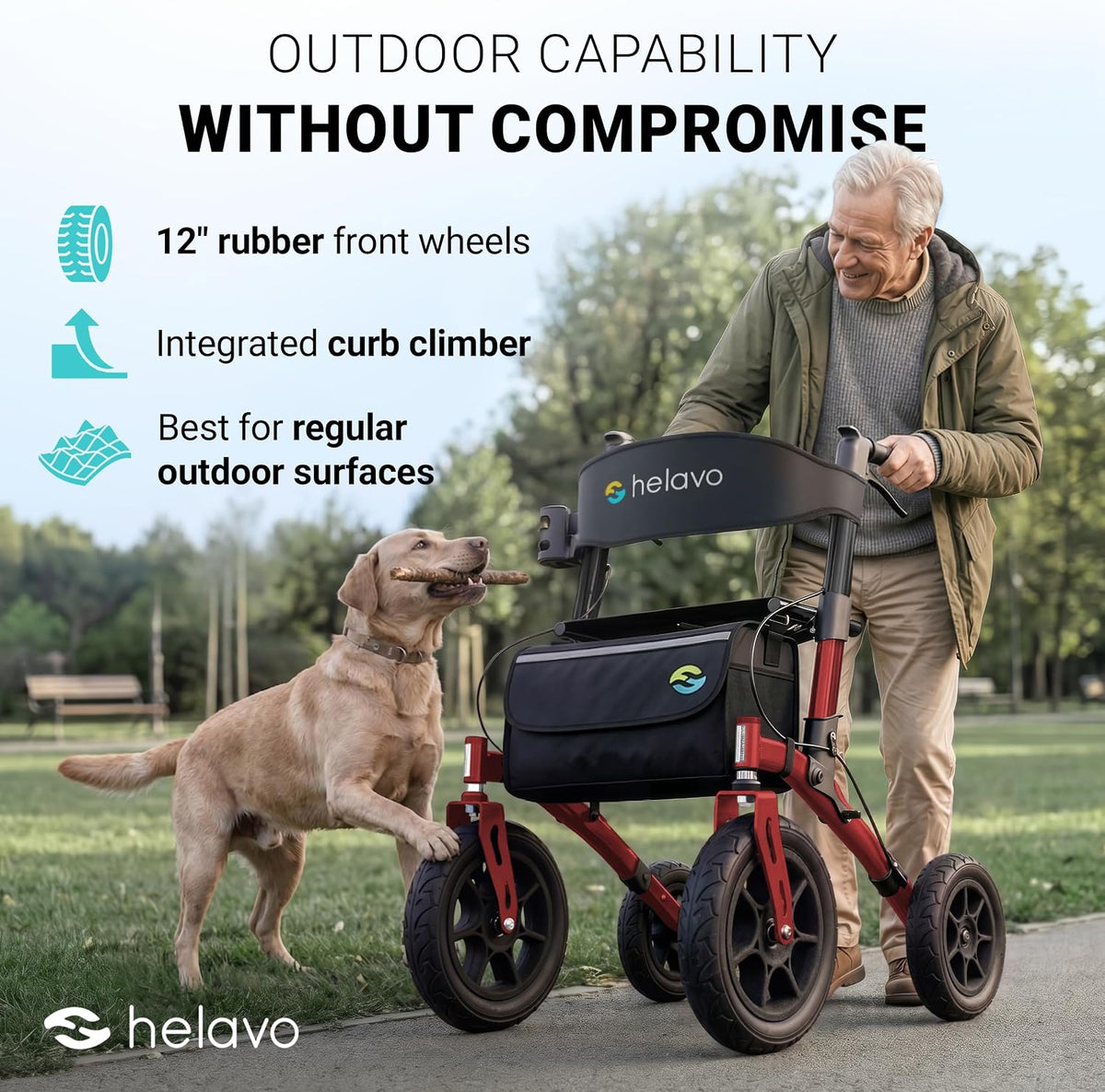 Helavo All Terrain Walker with Puncture-Proof, Flat-Free Solid Rubber Tires, 12' Wheels - Foldable Outdoor Walker for Seniors with Seat, Ergonomic Handles and Extra Padded Backrest