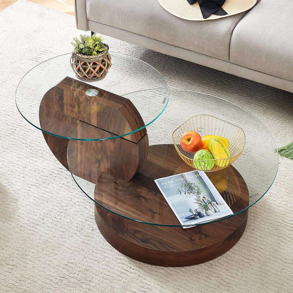 42' Glass Coffee Table｜Oval Coffee Table｜3-Tier Design with Oval Tempered Glass Tabletop｜Dark Wood Wooden Base｜Large Storage Space｜Smooth Edge｜Ideal for Living Room｜Easy Assembly