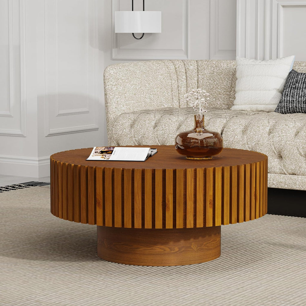 Modern Round Coffee Table for Living Room Drum Round Fluted Coffee Table Circular Pedestal Center Table for Office Patio (Round Wood)