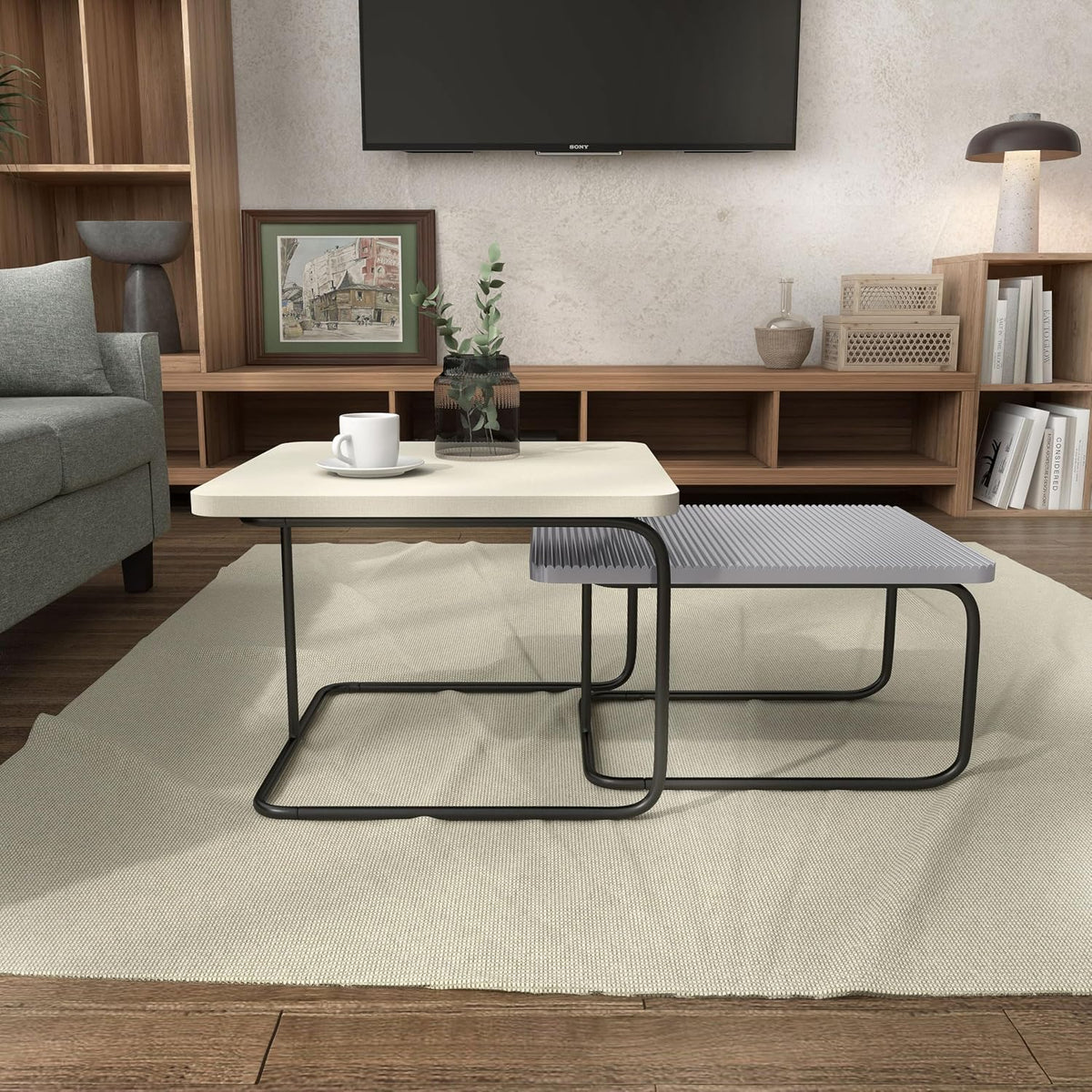 Furniture of America Chaya Modern Square Nesting Coffee Table Set of 2, Two-Tone Wood Design with Sled Base for Living Room, Bedroom, Office, Cream Weave & Grey