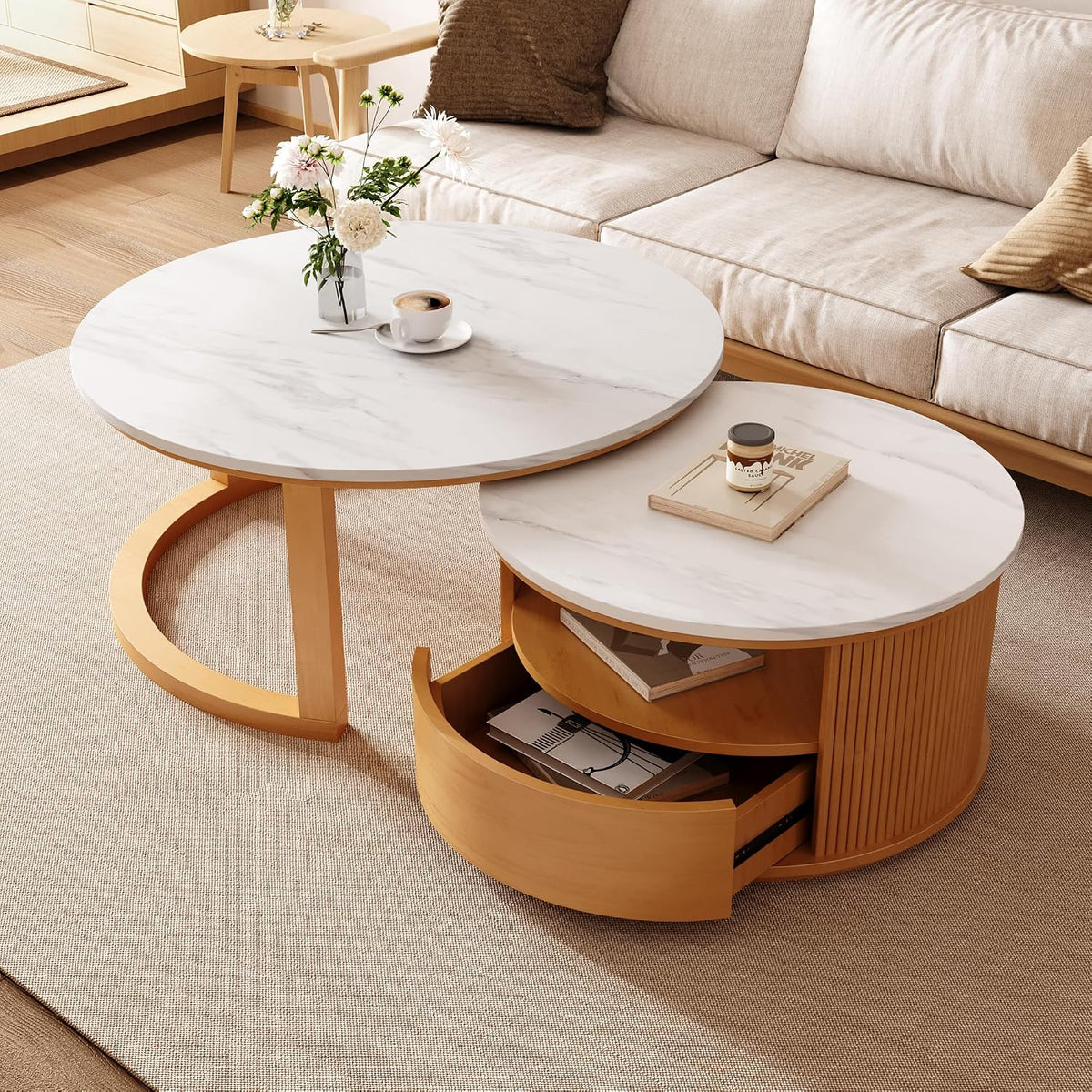 28.5' Natural Nesting Coffee Table Set of 2, Vintage Round Coffee Table for Living Room with 2-Tier Storage and 1 Drawer White Marble Top End Side Table for Bedroom