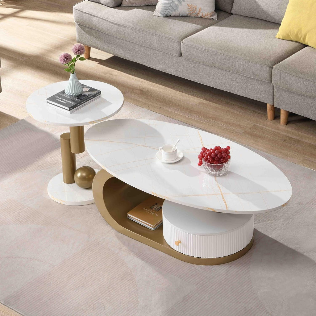 Modern Oval Coffee Table Set of 2, White Nesting Coffee Tables with Storage Drawer for Living Room, Faux Marble Coffee Table and Round End Table Luxury Living Room Accent Table for Apartment,Gold