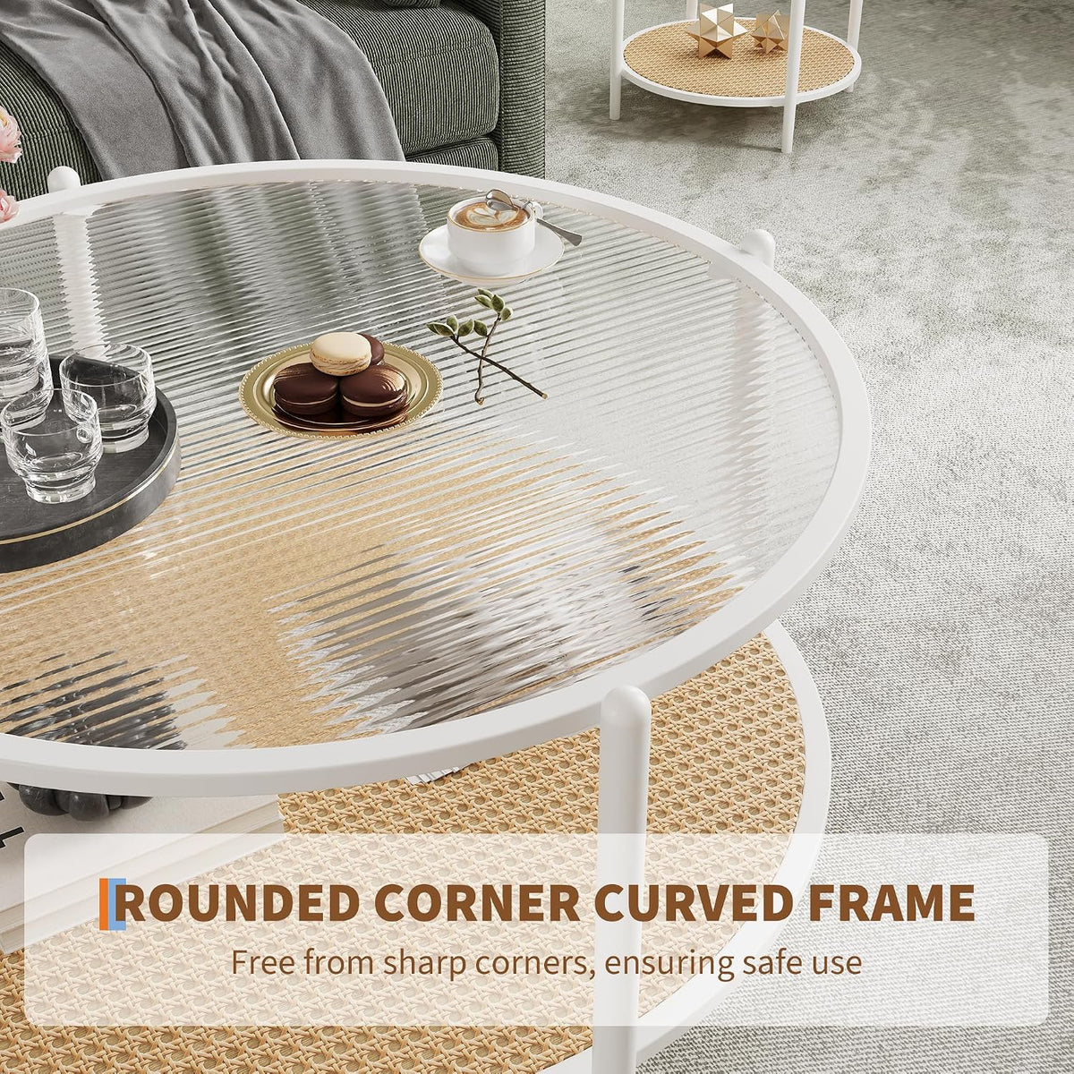 Garvee 30' Round Rattan Coffee Table with Storage, 2-Tier Circle Water-Wave Glass Center Table for Living Room, Modern Small Circle White End Table for Bedroom, Office, Apartment