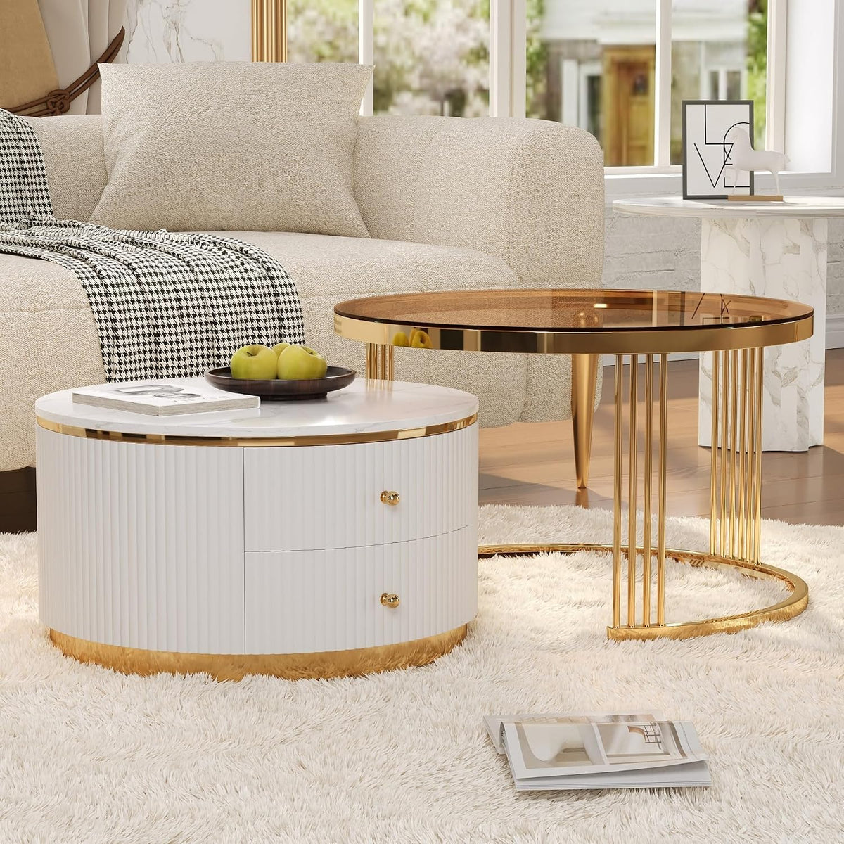 27.6' Brown Nesting Coffee Table Set of 2, Modern Round White Coffee Table for Living Room with Storage Drawer Marble Tabletop End Side Table for Bedroom