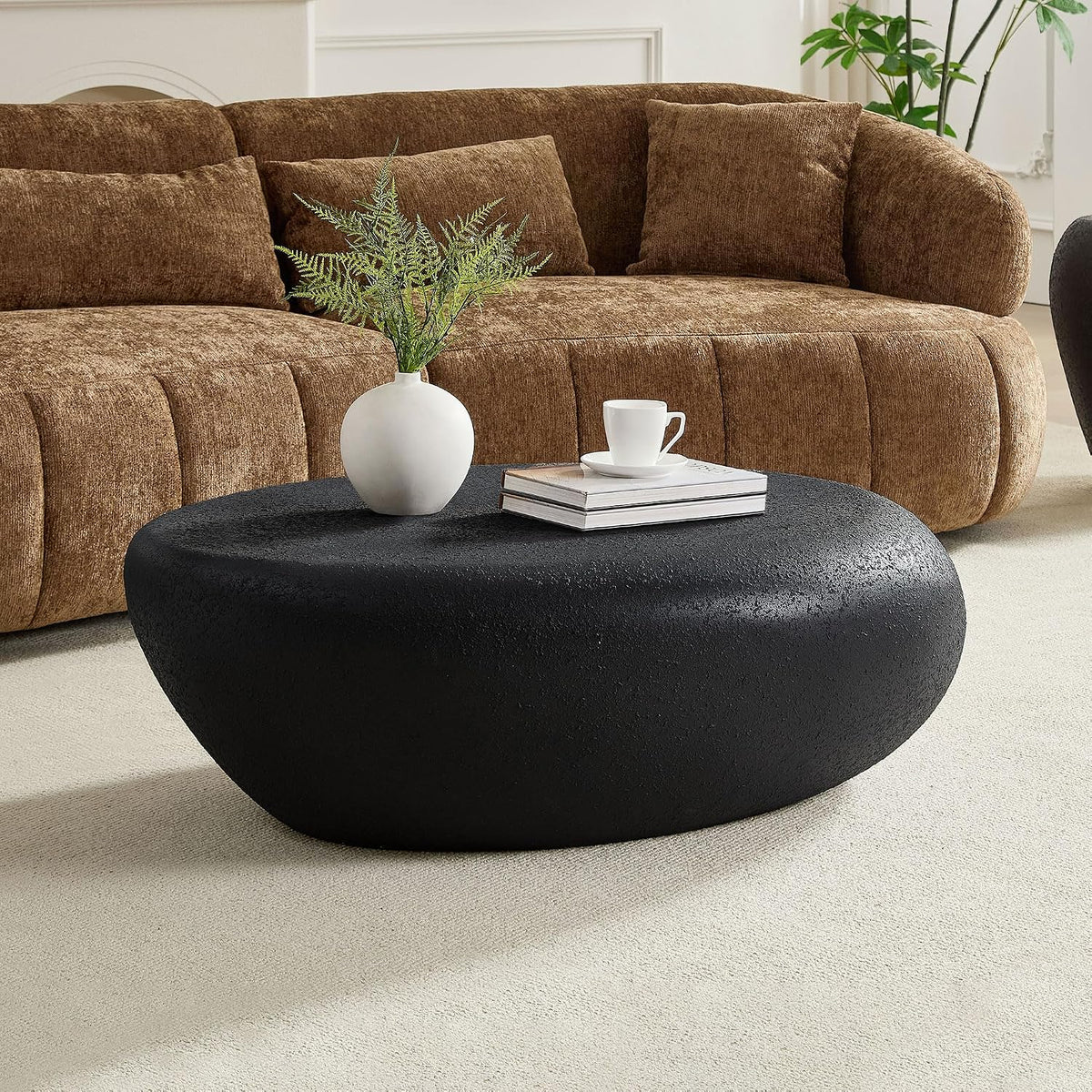 43.31' Oval Coffee Table, Modern Faux Stone Circle Center Tables Accent Drum End Side Table for Living Room, No Installation Required,Cream Black