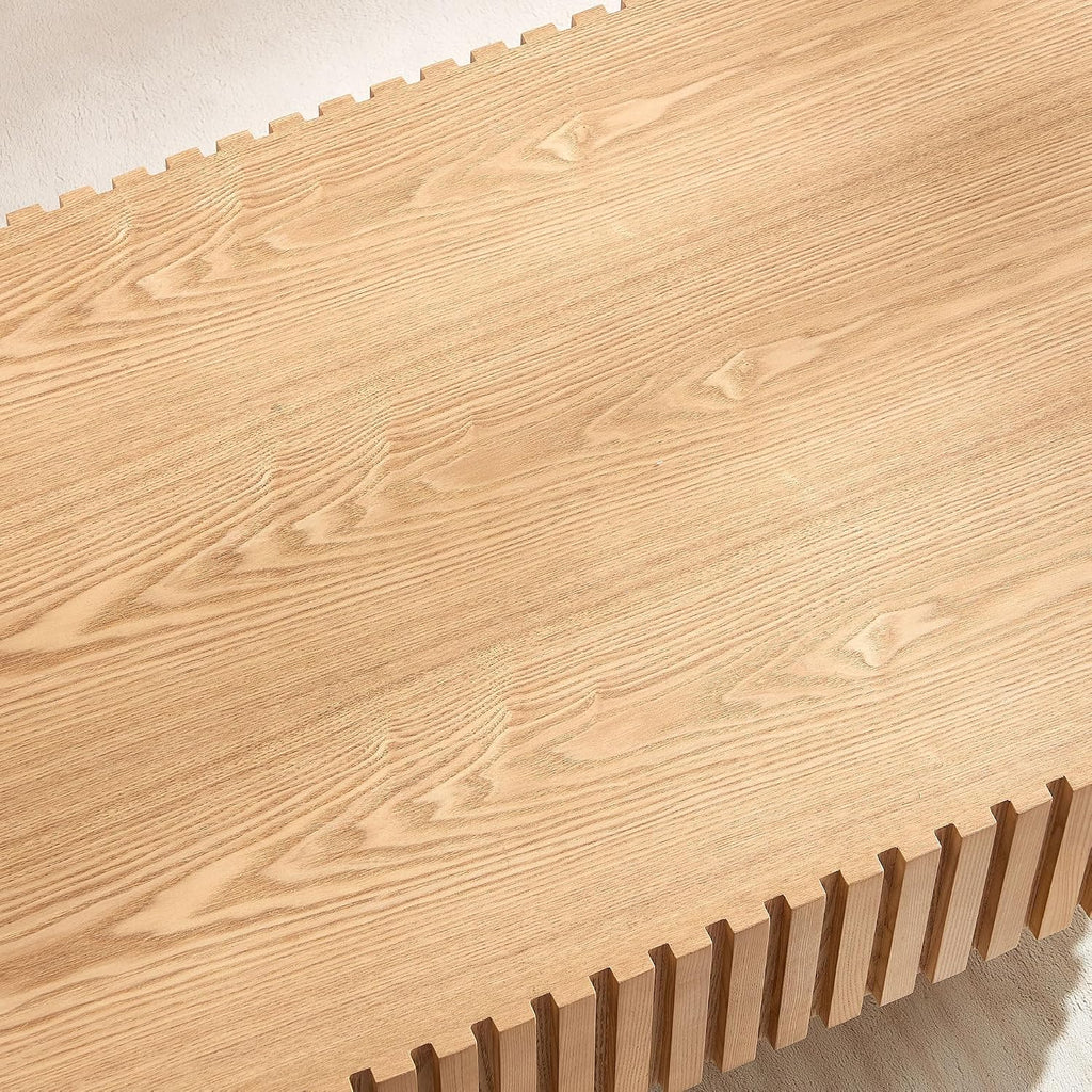 43.70' Oval Coffee Table for Living Room, Mid Century Modern Wooden Fluted Tea Table with 34' Pedestal, Unique Drum Coffee Table Tea Table Side Center Table for Apartment Small Space, Natural Ash