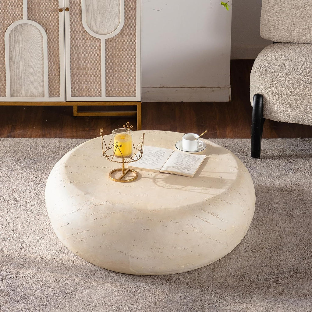 36'' Mid-Century Round Centre Coffee Table Vintage Faux Stone Sofa Pre-Modern Coffee Tables Beige Coffee Table for Living Room Office Apartment