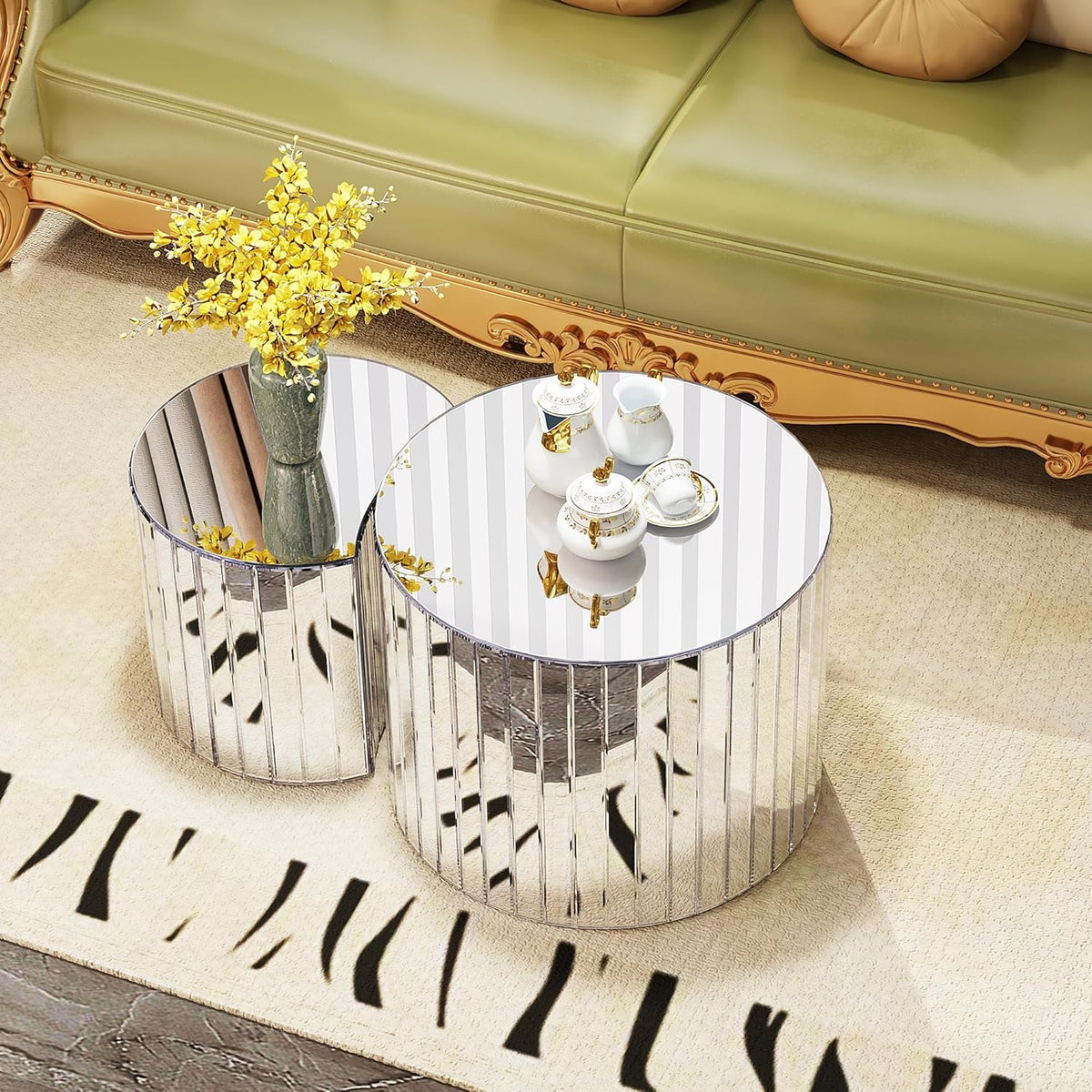 Mirrored Round Nesting Coffee Table Set of 2 Modern Mirror Glass Small Coffee Tables Circle Drum Accent Side End Table for Small Space Living Room Bedroom,No Need Assembly