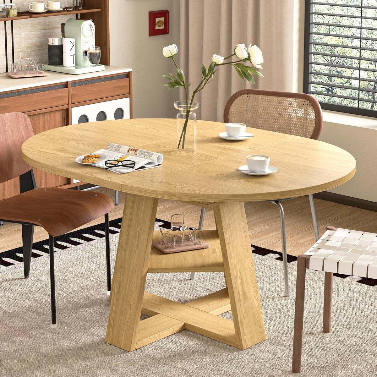 43.3in-59in Extendable Round Dining Table for 4-8,Modern Kitchen Oval Dining Table with Removable Leaves Space Saving,Wood Base with Storage Shelf for Kitchen Living Room (Wood Color)
