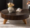 35.4'' Round Coffee Table Wood, Modern Fluted Circle Coffee Table for Living Room, Unique Rustic Farmhouse Center Tea Table with Solid Wood Veneer and Sturdy 3 Legs, Easy Assembly, Brown