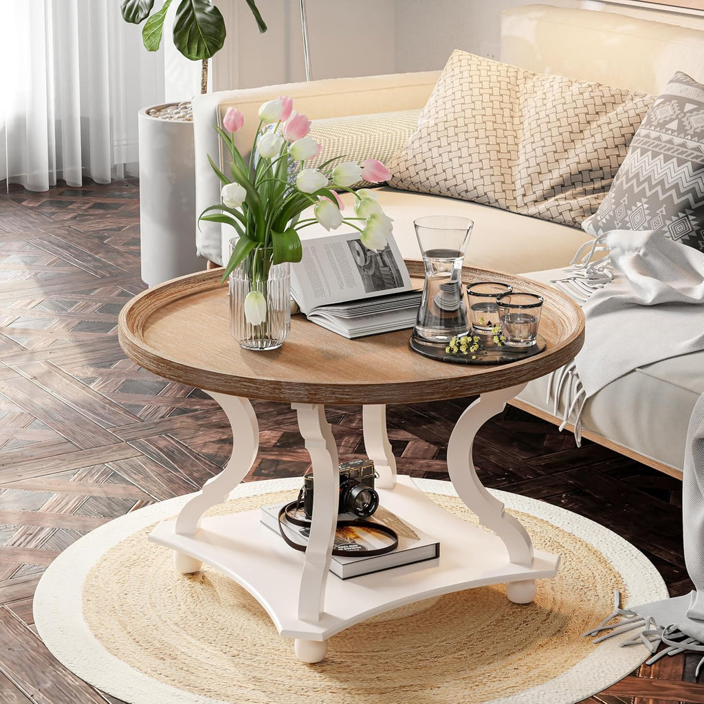 Round Farmhouse Coffee Table with Handmade Finish, Wood Tray Top Rustic Coffee Table for Added Thickness, Accent Table with Storage for Living Room, Small Place, White, Circle