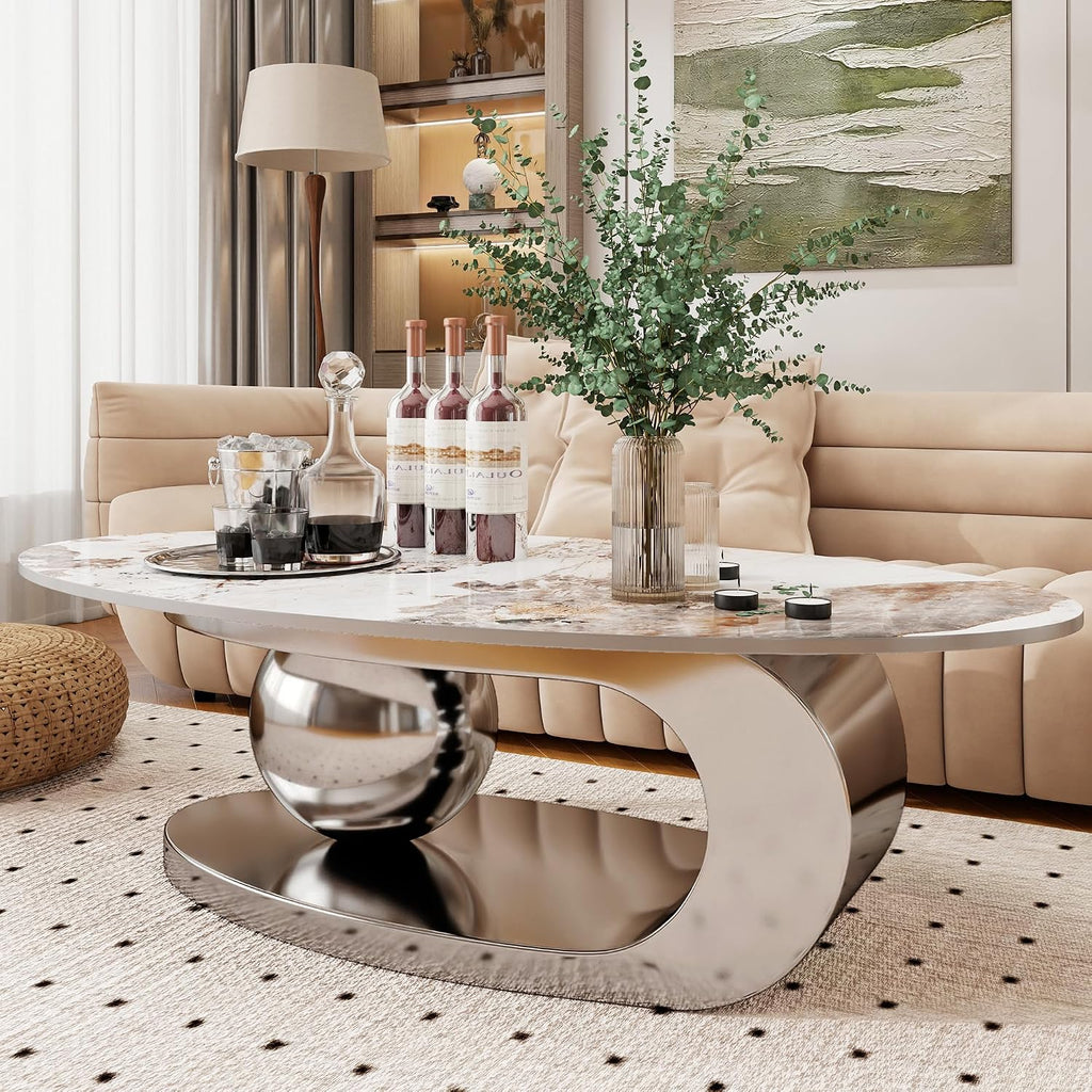 Marble Texture Coffee Table for Living Room,Modern Oval Coffee Table with Silver Stainless Steel Base for Office