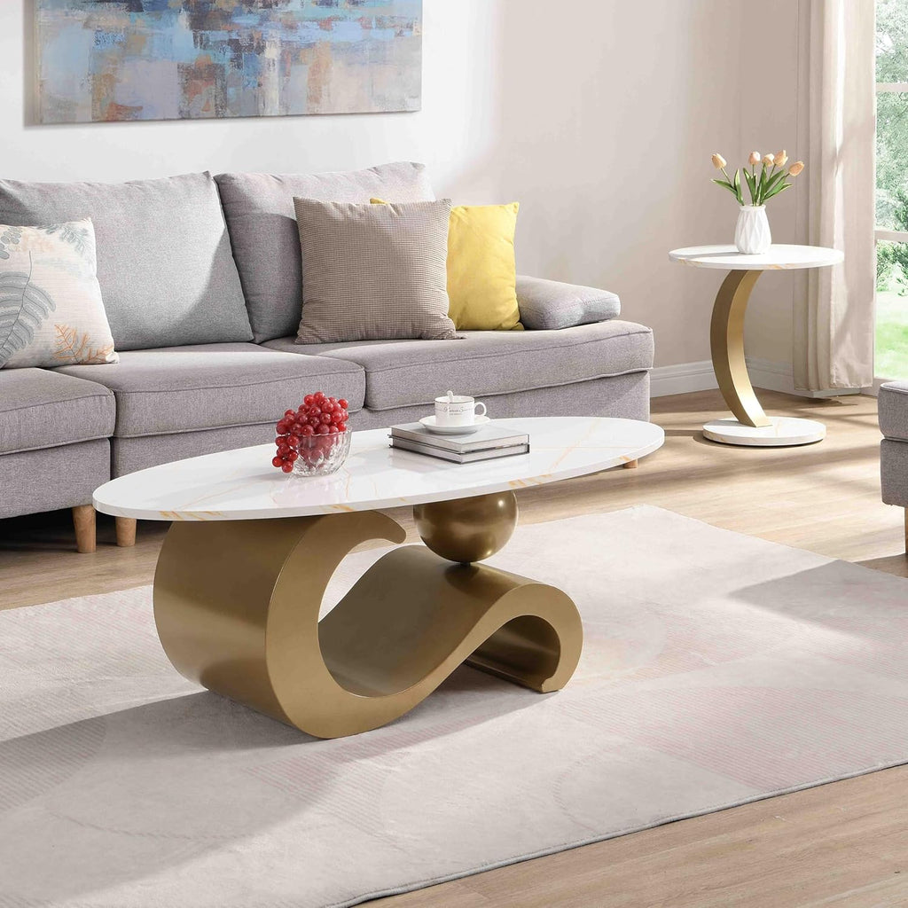 Nesting Coffee Table Set of 2,Round/Oval Coffee Table Wood/Marble Grain Top with Adjustable Non-Slip Feet, Industrial End Table Side Tables for Living Room Bedroom