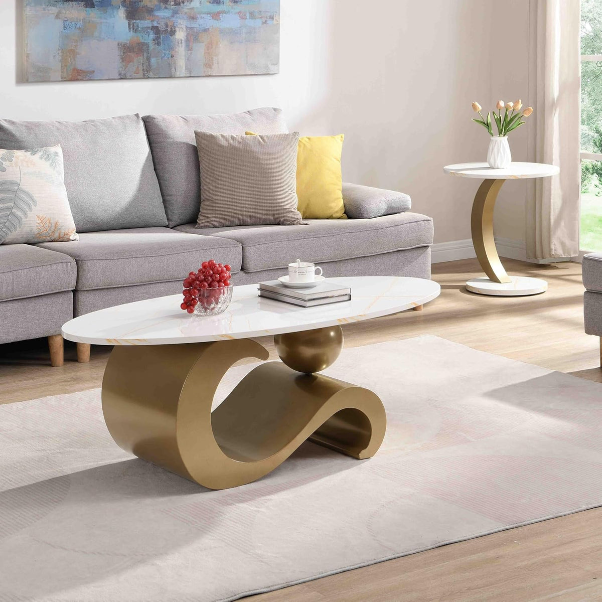 Nesting Coffee Table Set of 2,Round/Oval Coffee Table Wood/Marble Grain Top with Adjustable Non-Slip Feet, Industrial End Table Side Tables for Living Room Bedroom