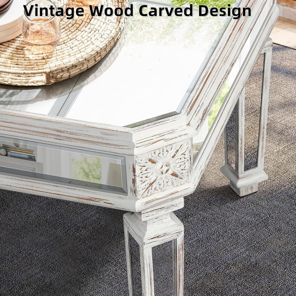 Modern Mirrored Coffee Table for Living Room Luxury Cocktail Center Table with Silver Mirror Finish Rectangular Small Coffee Table with Vintage Natural Carved Frame and Legs