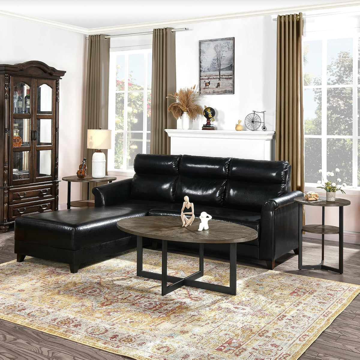 LEEMTORIG Solid Wood Oval Coffee Table for Living Room, 47.9 inch Large Modern Industrial Center Table, Cocktail Table with Wood Tabletop and Metal Legs for Small Space, Rustic Black KFZ-1831-BK
