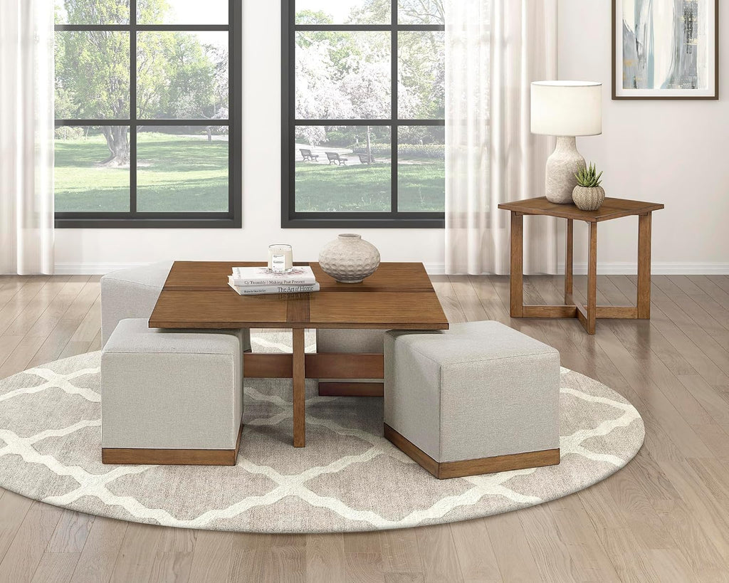 Lexicon 44' Square Coffee Table with 4 Upholstered Stools, Maple Veneer Wood Cocktail Table, Gray Upholstered Stools with Casters, Modern Living Room/Apartment Centerpiece, Full Assembled, Brown