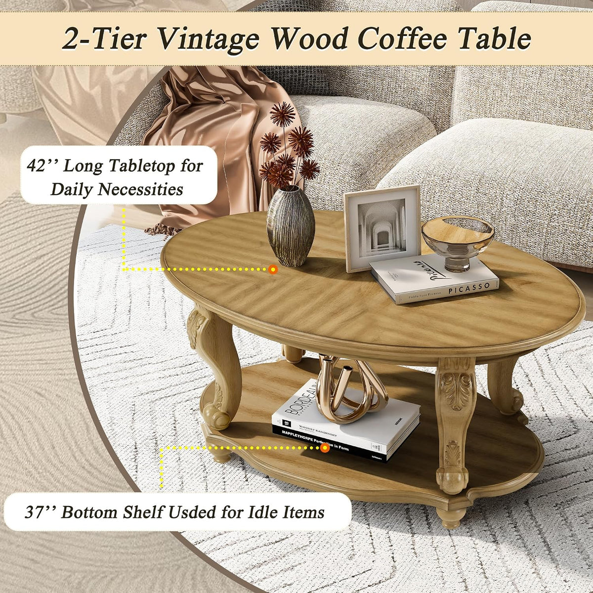 RuiSiSi 42' Oval Coffee Table for Living Room, Solid Wood 2-Tier Cocktail Table with Open Storage Shelf, Easy Assembly, Antique Natural