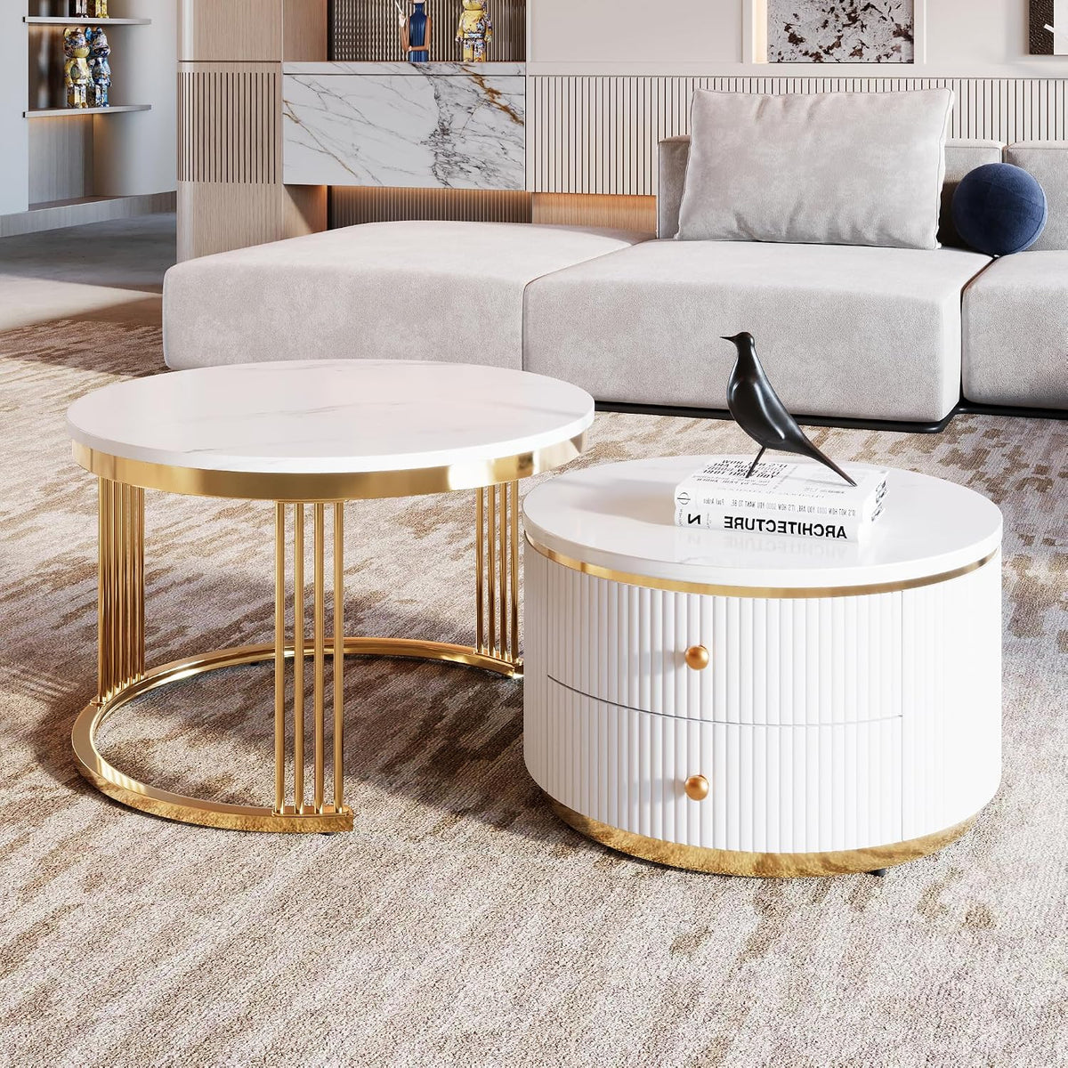 Merax 2-Piece Nesting Coffee Table Set, White Round End Side Tables with Drawers & Gold Metal Legs, Modern Compact for Living Room Small Spaces Apartment