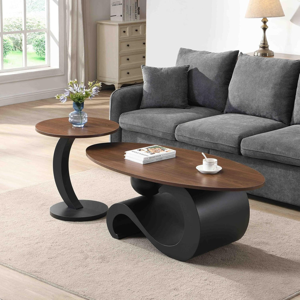 SSLine Luxury Nesting Coffee Table Set with Curved Base Modern Living Room Table Set of 2 Include Oval Coffee Table and End Table for Living Room Bedroom,Black Walnut