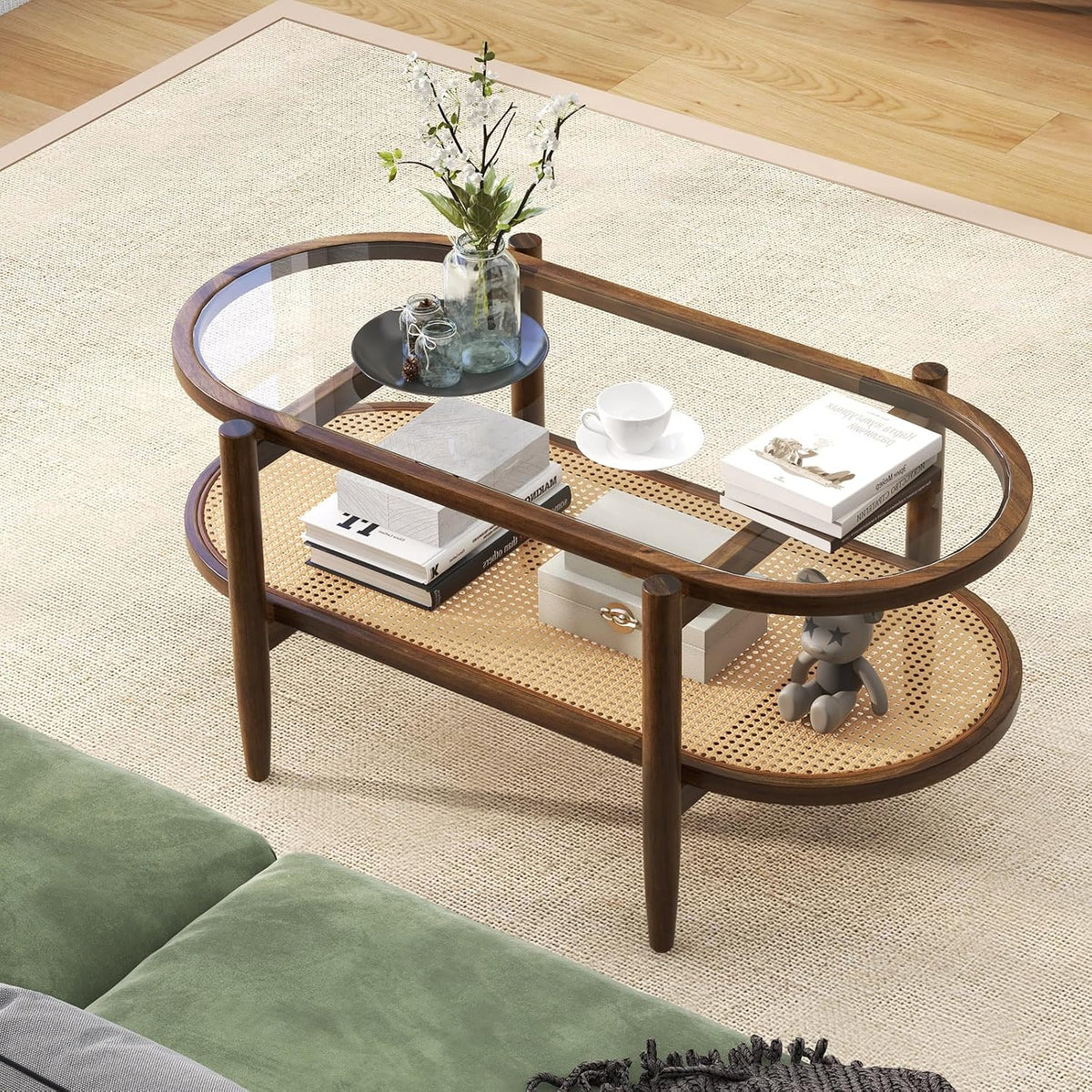 LDAILY Rattan Coffee Table, 2-Tier Mid Century Modern Center Table Oval Design with Tempered Glass Top & PE Rattan Shelf, Solid Acacia Wood Small Coffee Table for Living Room, Office, Brown (Brown)
