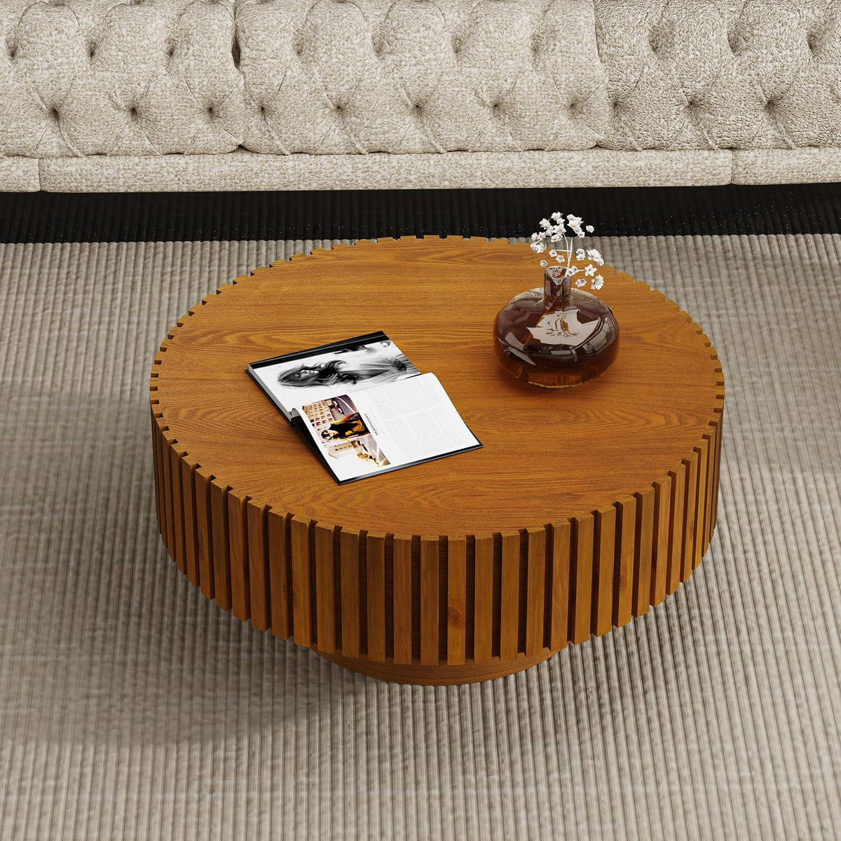Modern Round Coffee Table for Living Room Drum Round Fluted Coffee Table Circular Pedestal Center Table for Office Patio (Round Wood)