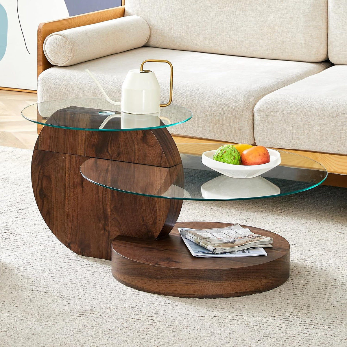 Ebullient Modern Round Glass Coffee Table, 3-Tier Wood Base Geometric Center Table for Living Room, Contemporary Accent Furniture, 35.4 Inch