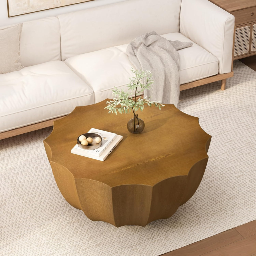 ø35.43'' Faux Stone Coffee Table for Living Room & Outdoor, Faux Concrete Cement Round Circle Drum Coffee Table, MGO Material for Waterproof, No Assembly, Wood
