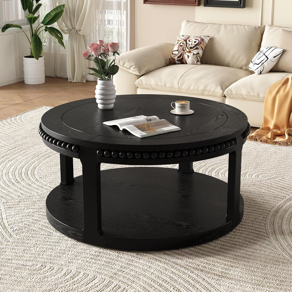 Round Coffee Table for Living Room 31.5' W Small Coffee Tables with Storage Shelf 2-Tier Modern Design Industrial Circle Wood Center Home Furniture Apartment Office Black