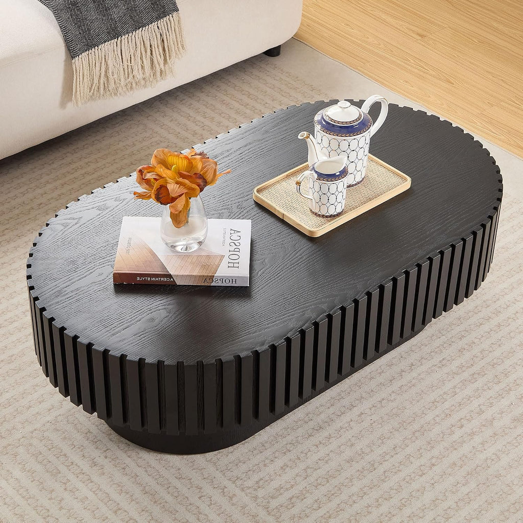 43.7' Oval Wood Coffee Table Black Living Room, Modern Fluted Side Coffe Table | Sturdy Base | Handcrafted Relief Carving, Easy Assembly