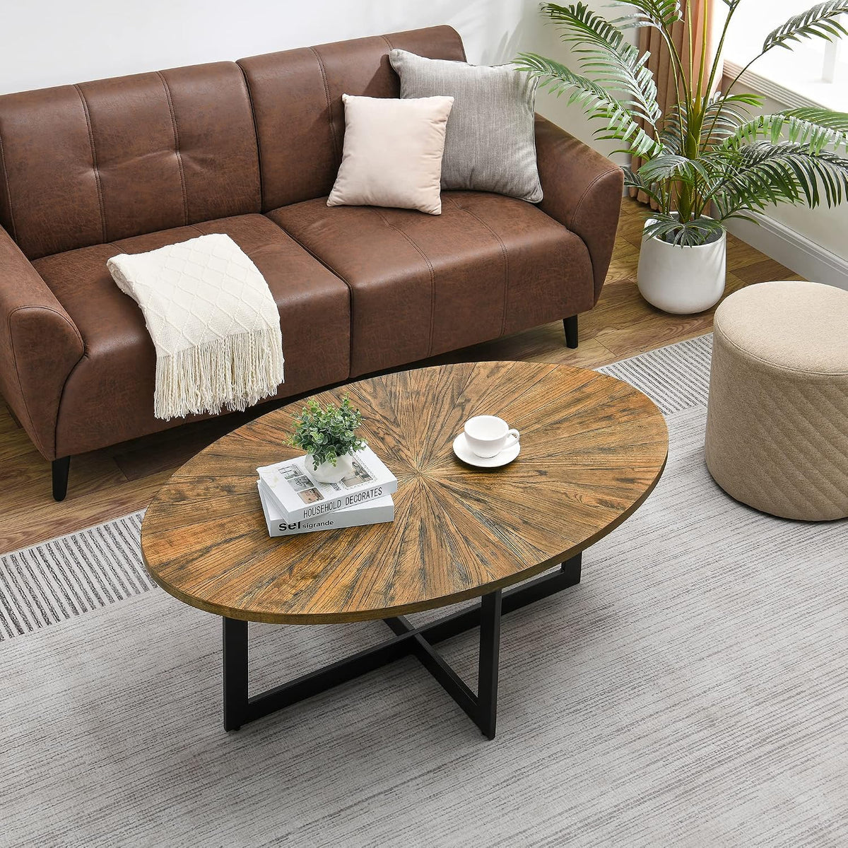Oval Coffee Tables for Living Room, Solid Wood Coffee Tables and Metal Legs, Mid Century Modern Coffee Table, Designed Home Furniture, Center Large Coffee Table, Brown Tea