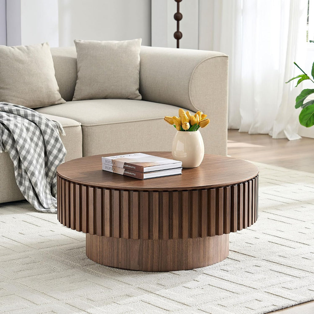 JUSTONE 31.5 Inch Round Farmhouse Coffee Table with Storage, Sturdy Pedestal Base Living Room Center Table for Lounge, Office, Apartment, Walnut