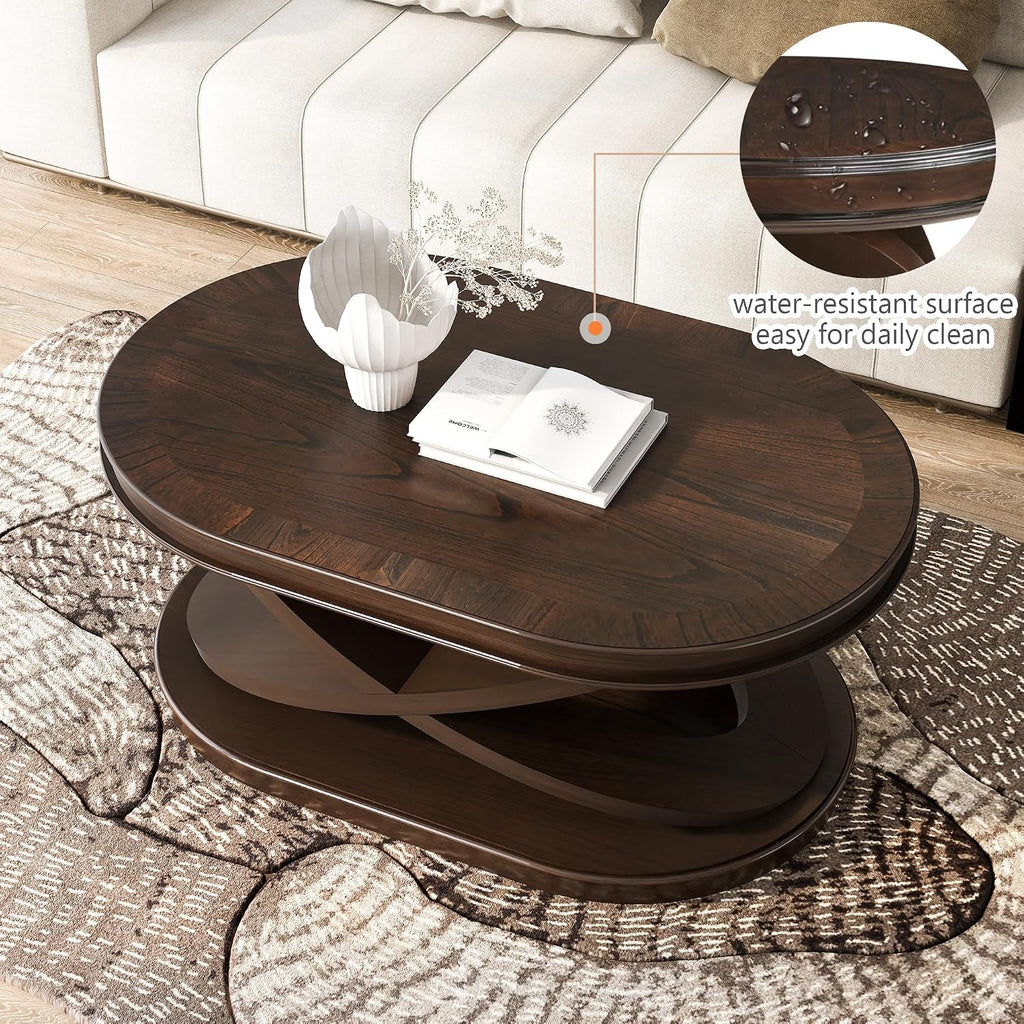 Vintage 2-Tier Oval Coffee Table 44-Inch Living Room Center Table Accent Furniture for Home Office, Easy Assembly & Durable, Espresso
