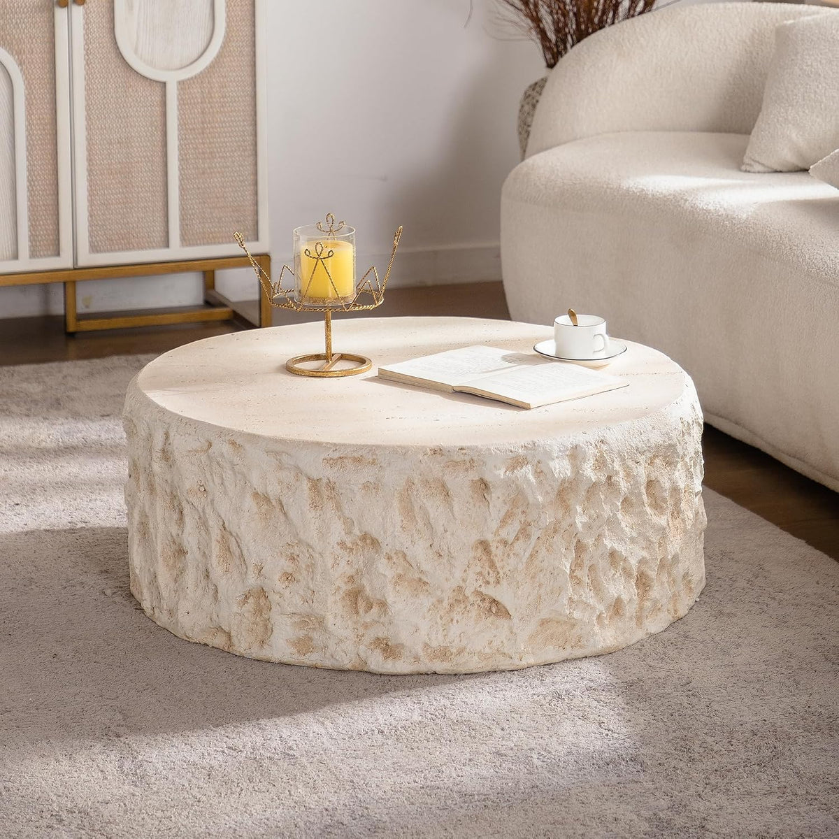 Round Coffee Table for Living Room Outdoor Faux Stone Coffee Table Amber Travertine Concrete Pattern, 31.49' Modern Faux Marble Center Tables Tea Tables, No Need Assemble, Beige